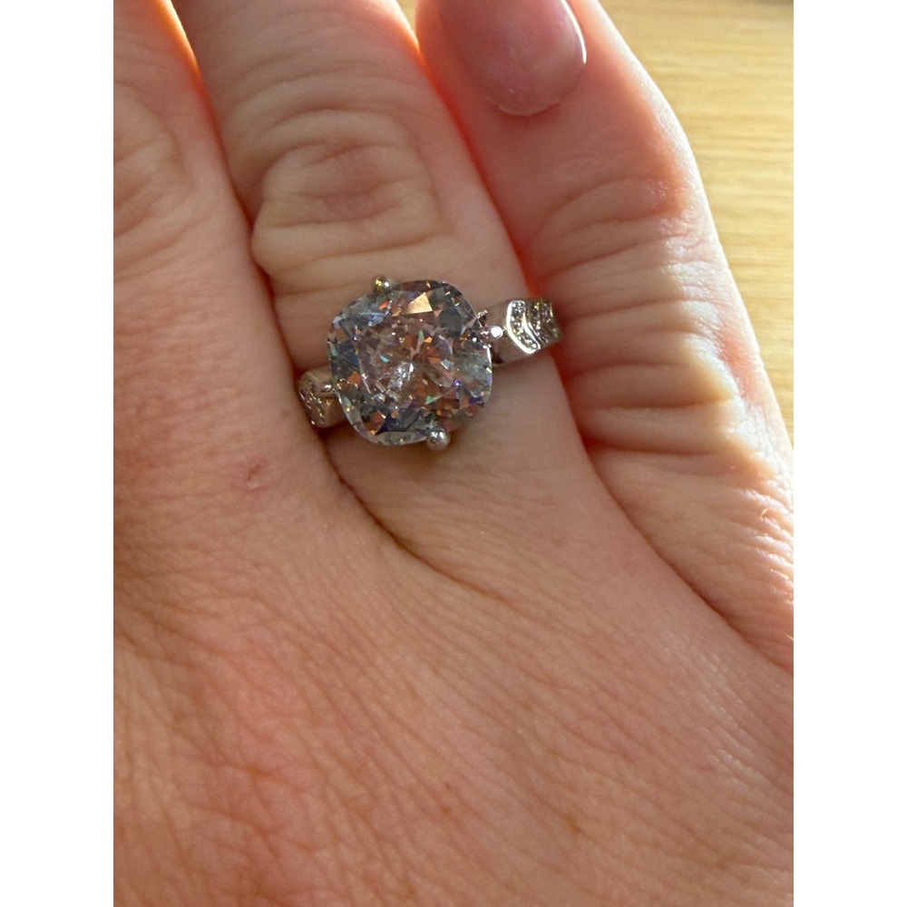 Silver Tone Cushion Cut Clear Stone Statement Ring Shimmering Accents